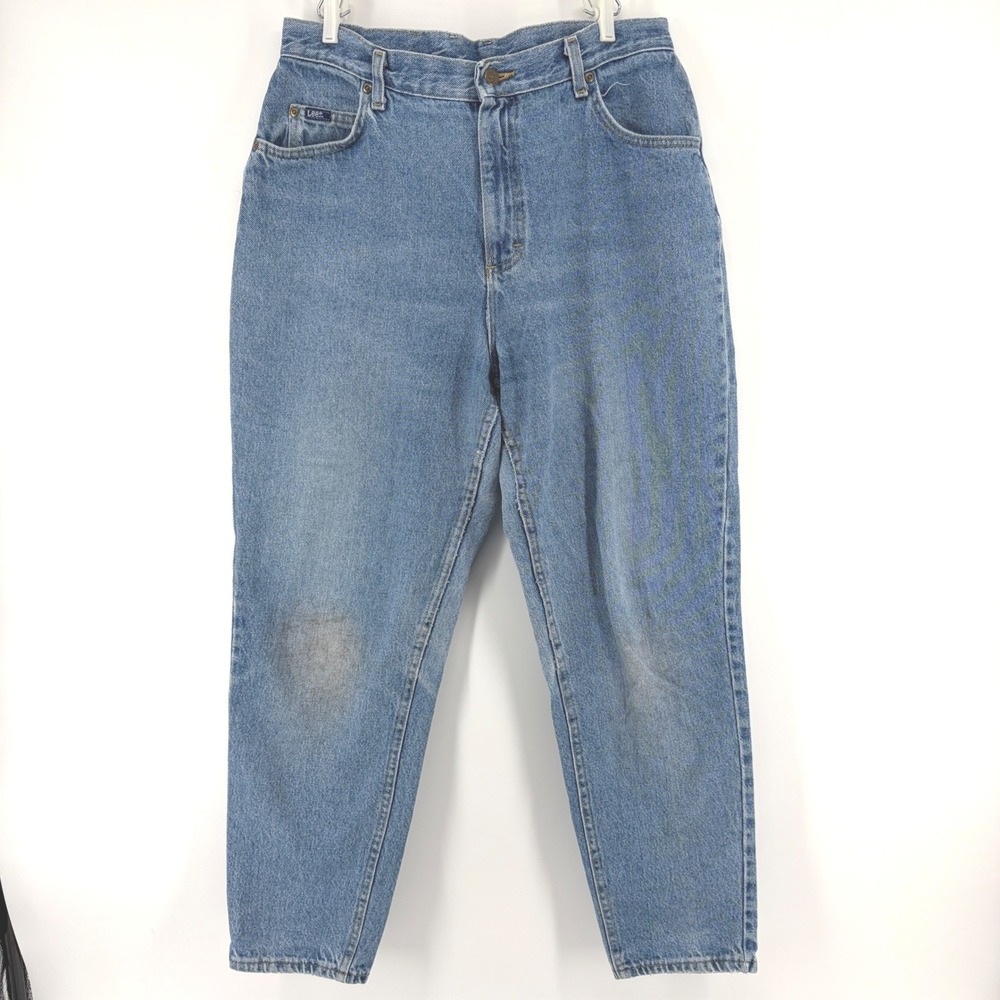Vintage 90s Lee Jeans Size 13 High Waist Tapered Leg Mom Distressed Med Wash